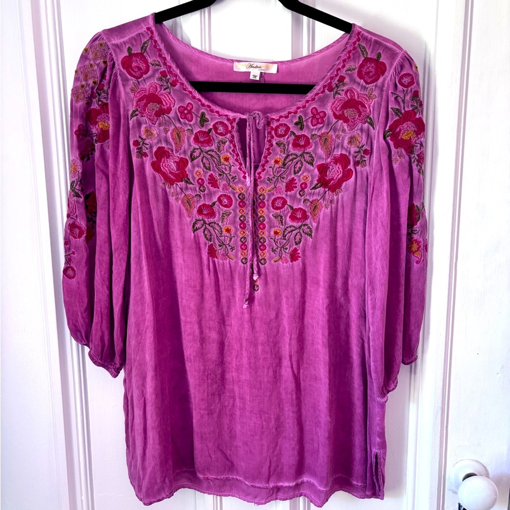 Andree by Unit Women’s Embroidered Pop Over 3/4 Sleeve Tunic Top Raspberry SizeM